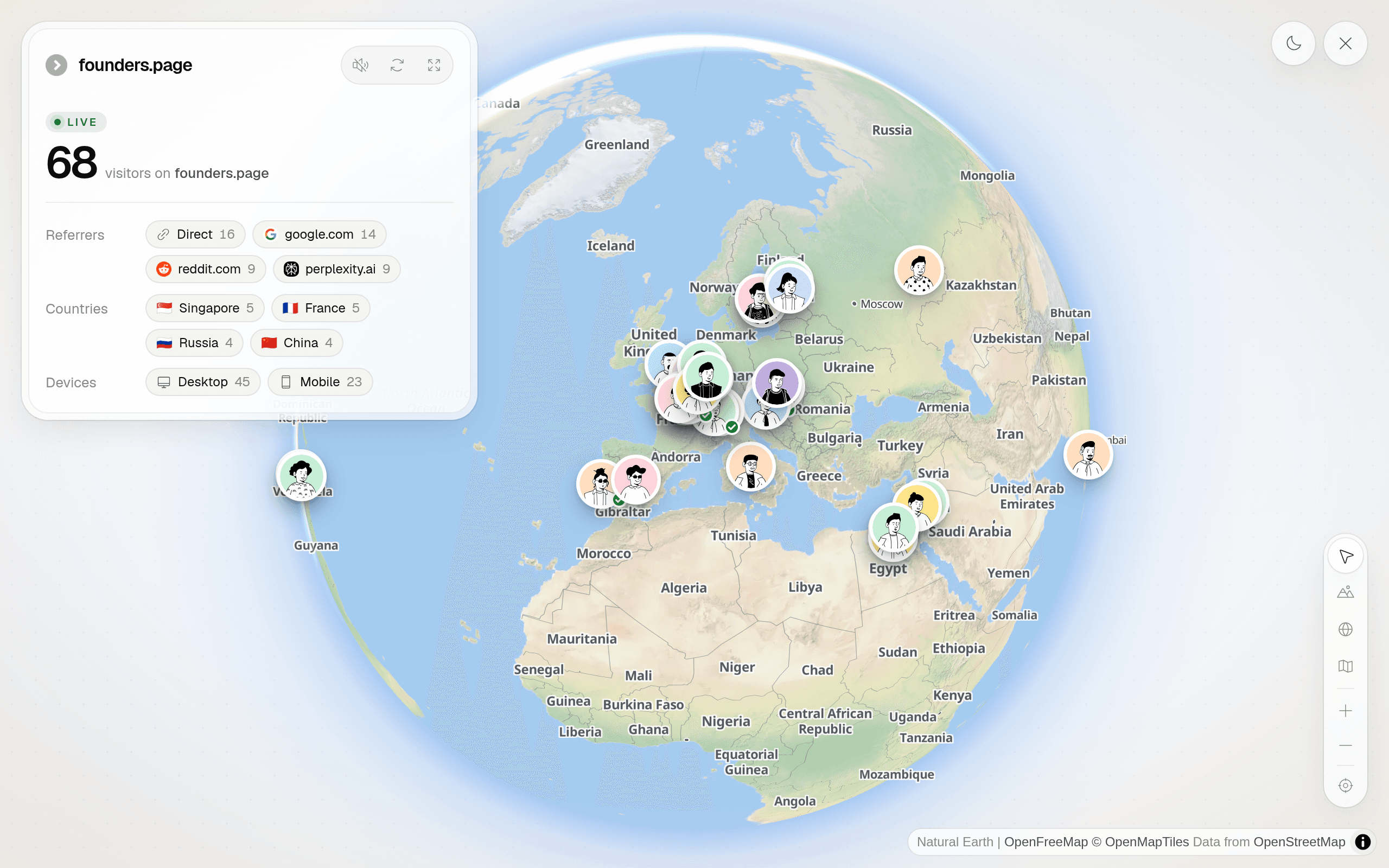 Pulse live globe showing visitors around the world in realtime